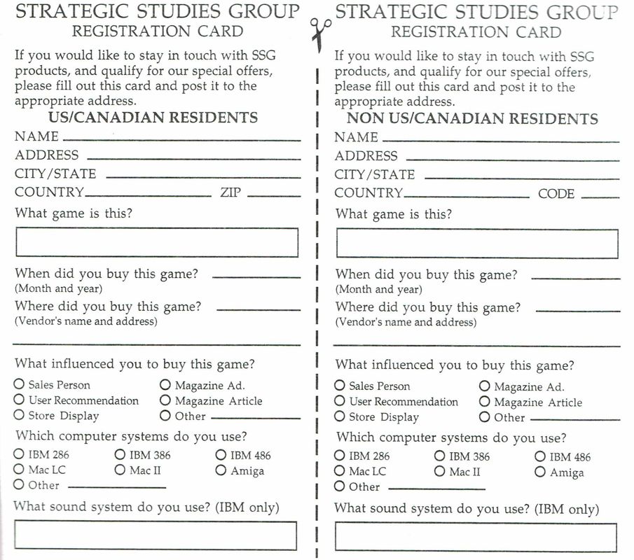 Extras for Carriers at War II (DOS): Registration Card - Back