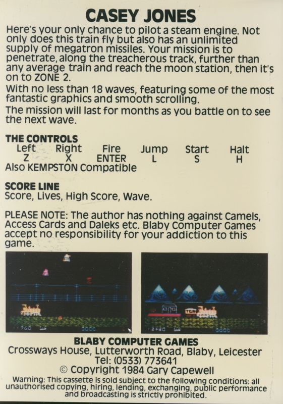 Back Cover for Casey Jones (ZX Spectrum)