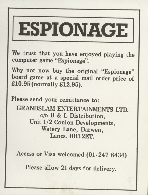 Reference Card for Espionage (ZX Spectrum)