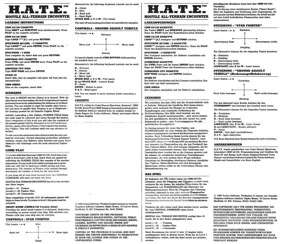 Manual for H.A.T.E: Hostile All Terrain Encounter (ZX Spectrum): Side B