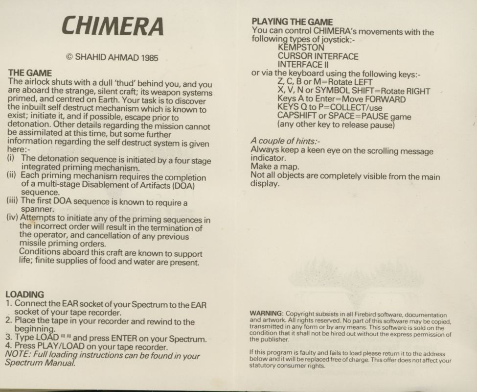 Manual for Chimera (ZX Spectrum)