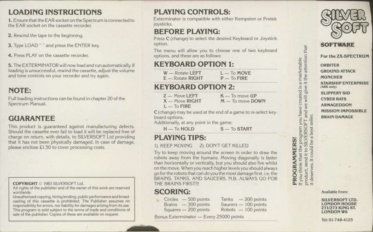 Inside Cover for Exterminator (ZX Spectrum)