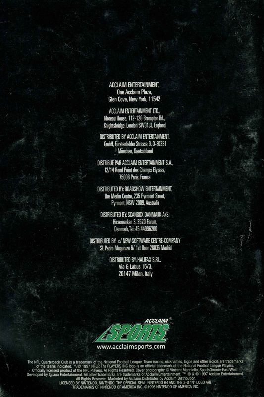 Manual for NFL Quarterback Club 98 (Nintendo 64): Back