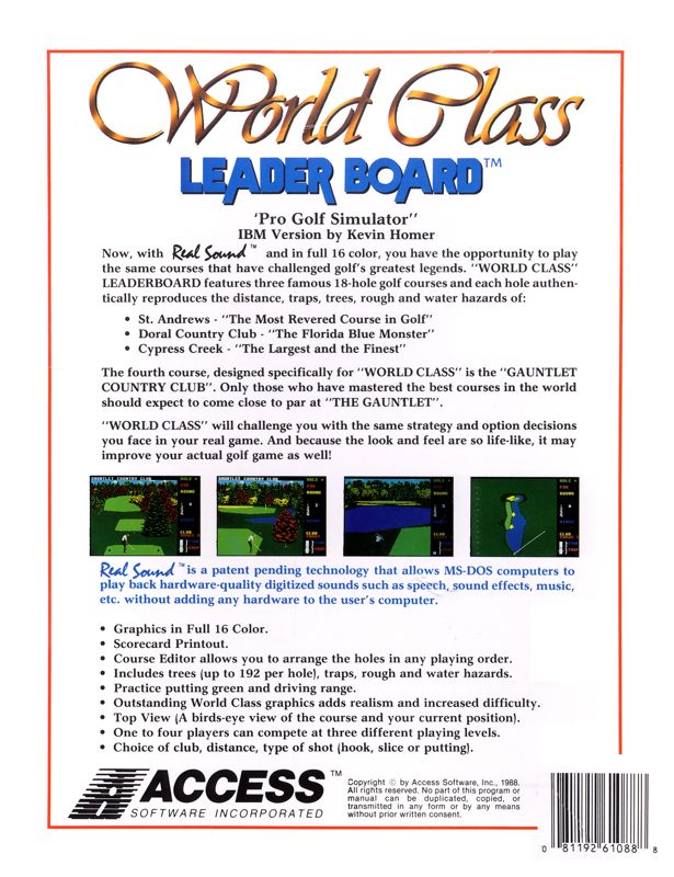 Back Cover for World Class Leader Board (DOS)
