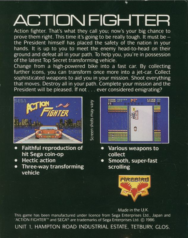 Back Cover for Action Fighter (ZX Spectrum)