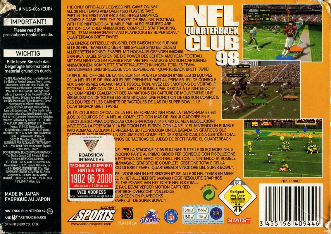 Back Cover for NFL Quarterback Club 98 (Nintendo 64)