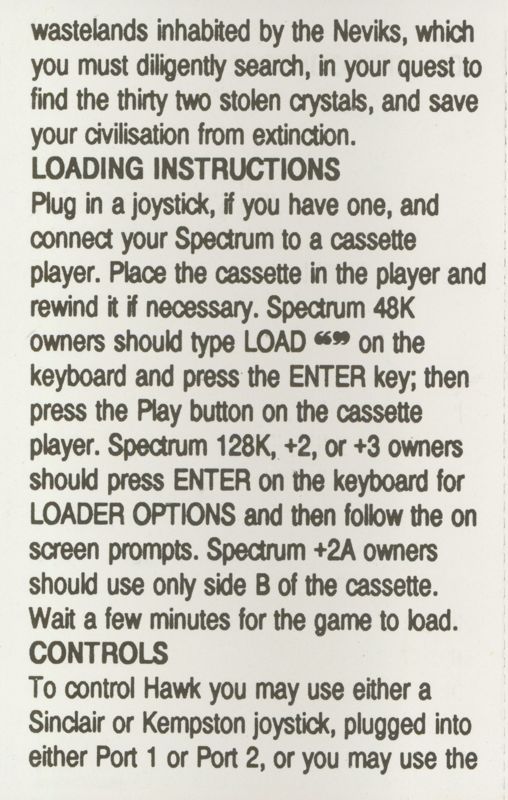 Inside Cover for Hawk Storm (ZX Spectrum)