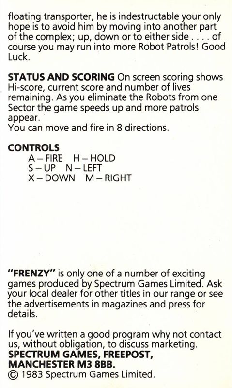 Inside Cover for Frenzy (ZX Spectrum): side A, II