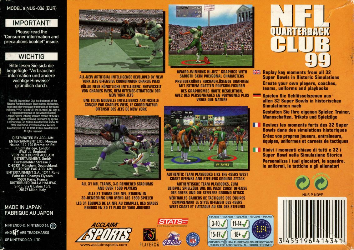 Back Cover for NFL Quarterback Club 99 (Nintendo 64)