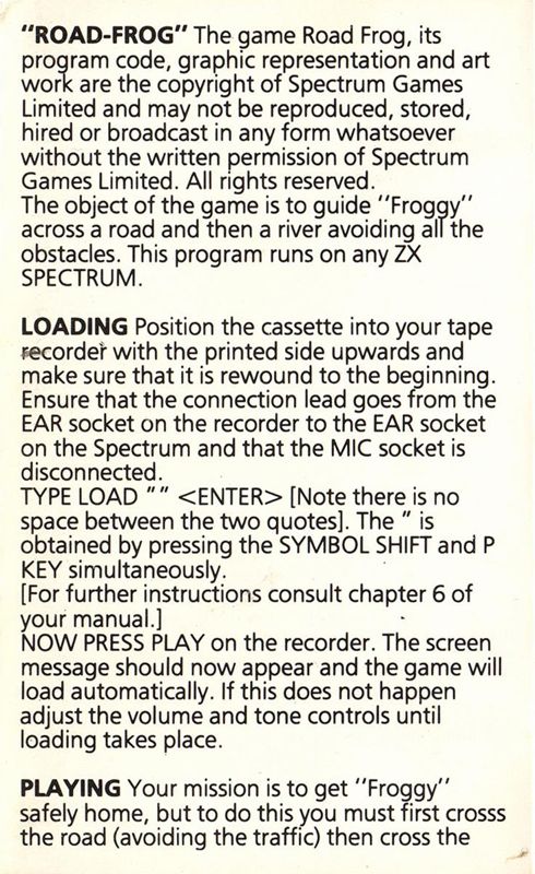 Inside Cover for Road Frog (ZX Spectrum): side A, I (next front cover)