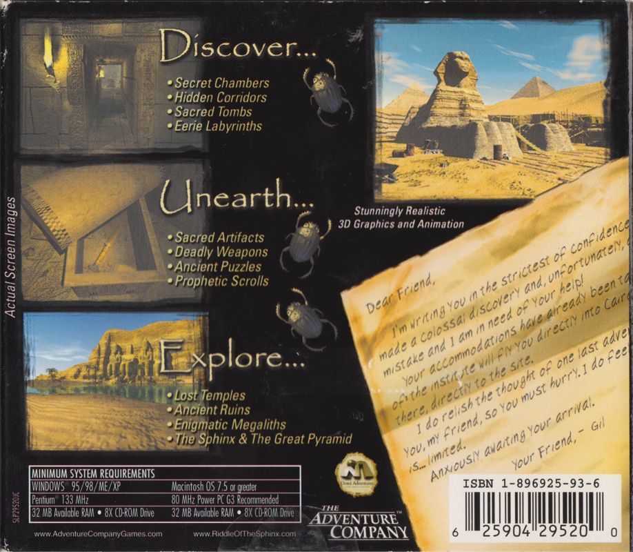 Back Cover for Riddle of the Sphinx: An Egyptian Adventure (Macintosh and Windows)