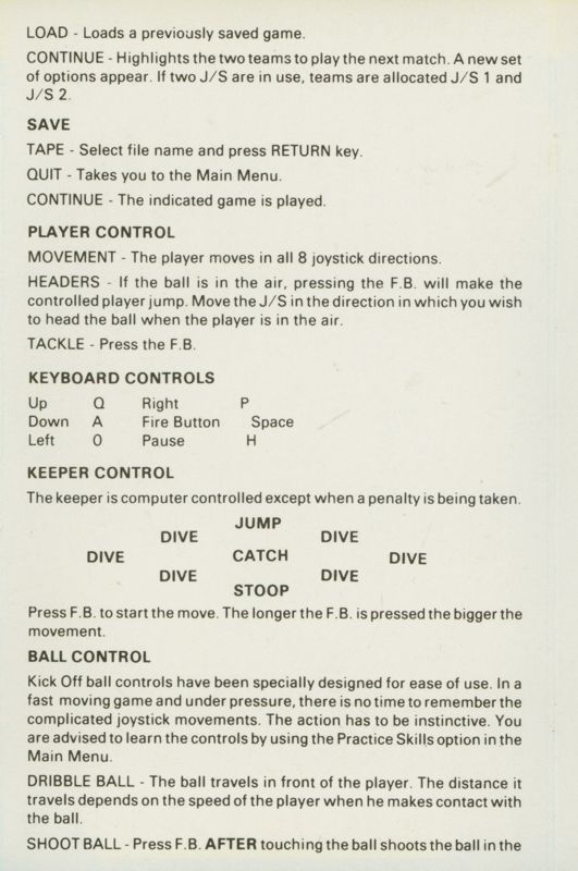 Inside Cover for Kick Off (ZX Spectrum) (Top Shots release)