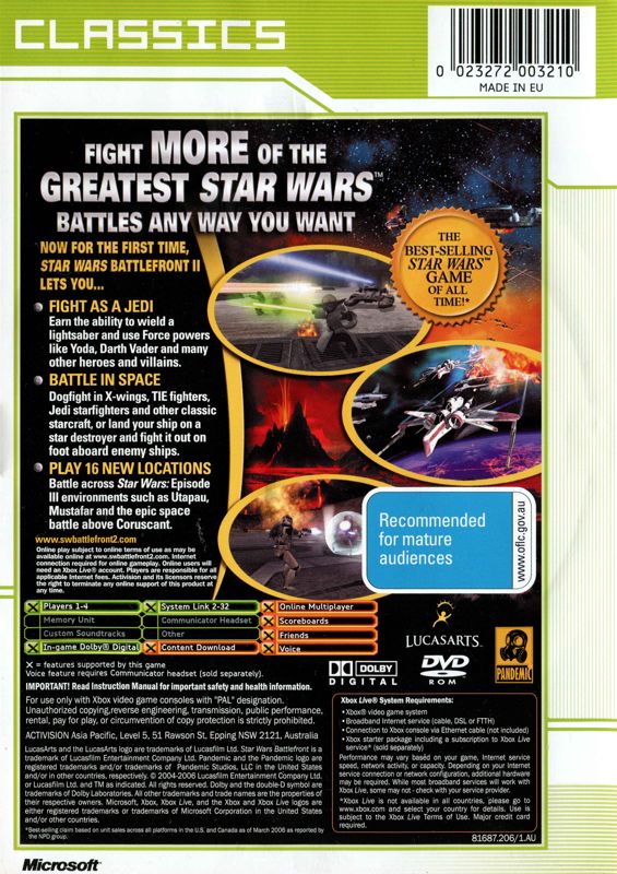 Back Cover for Star Wars: Battlefront II (Xbox) (Xbox Classics release)