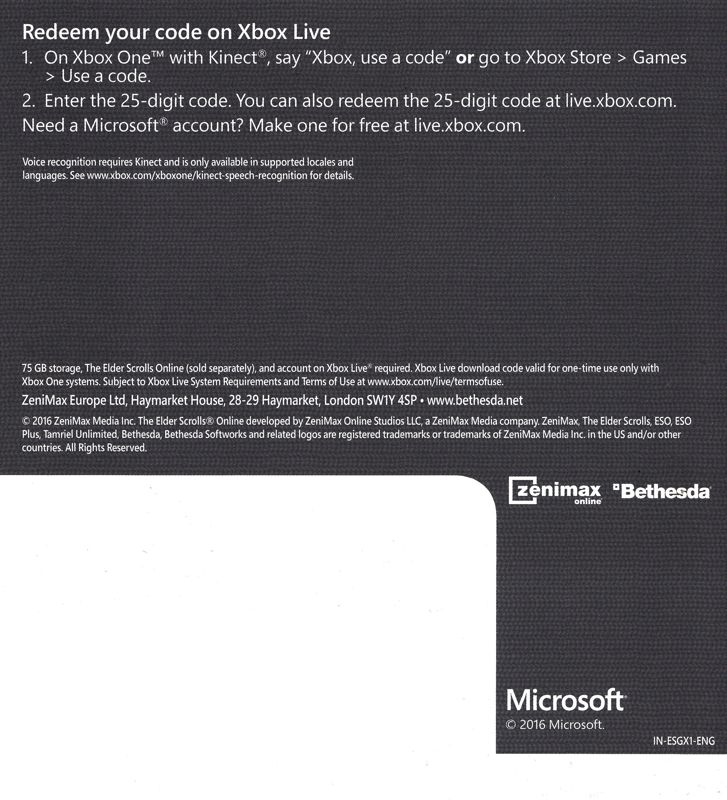 Extras for The Elder Scrolls Online: Gold Edition (Xbox One): DLC download card - Back