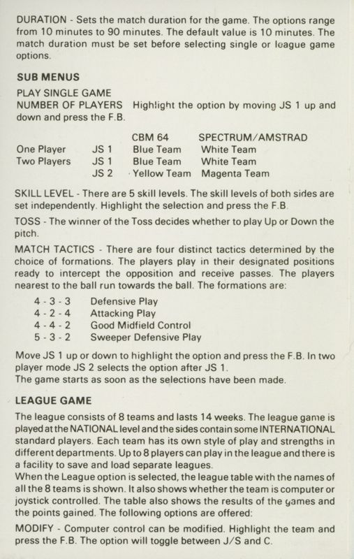 Inside Cover for Kick Off (ZX Spectrum) (Top Shots release)
