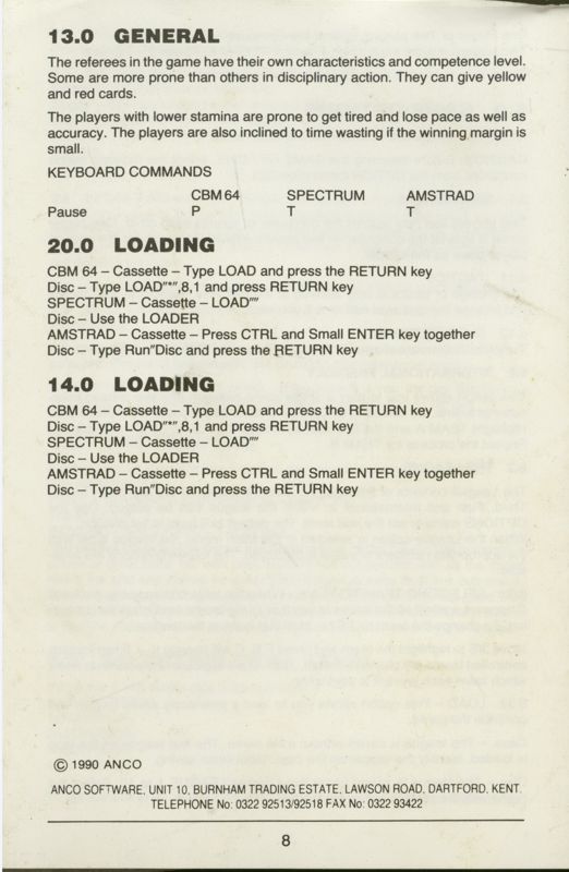 Manual for Kick Off 2 (ZX Spectrum): Back