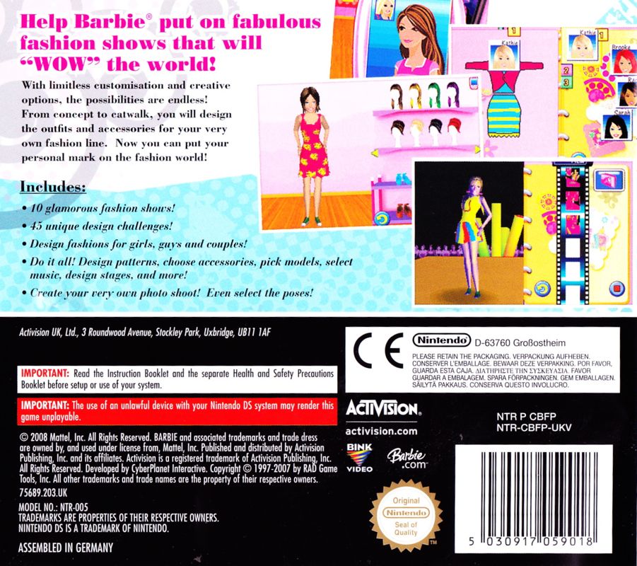Back Cover for Barbie Fashion Show: An Eye for Style (Nintendo DS)
