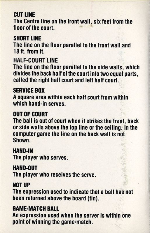 Inside Cover for Jonah Barrington's Squash (ZX Spectrum) (Mastertronic release)