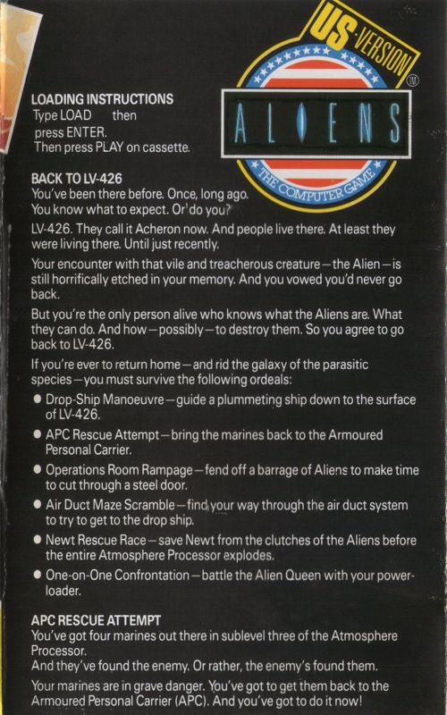 Inside Cover for Aliens: The Computer Game (ZX Spectrum) (Budget re-release)