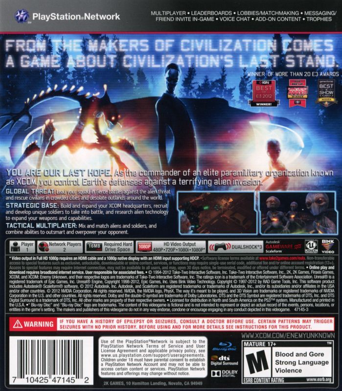 Back Cover for XCOM: Enemy Unknown (PlayStation 3)