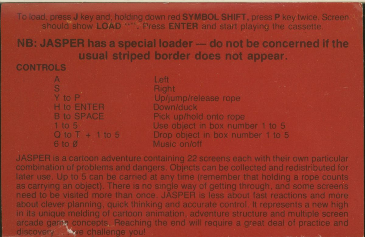 Inside Cover for Jasper! (ZX Spectrum)