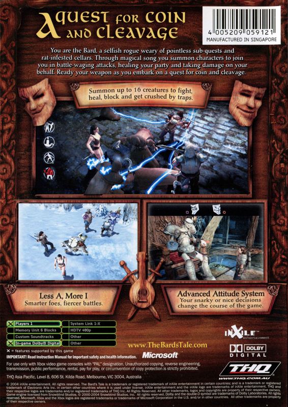 Back Cover for The Bard's Tale (Xbox)