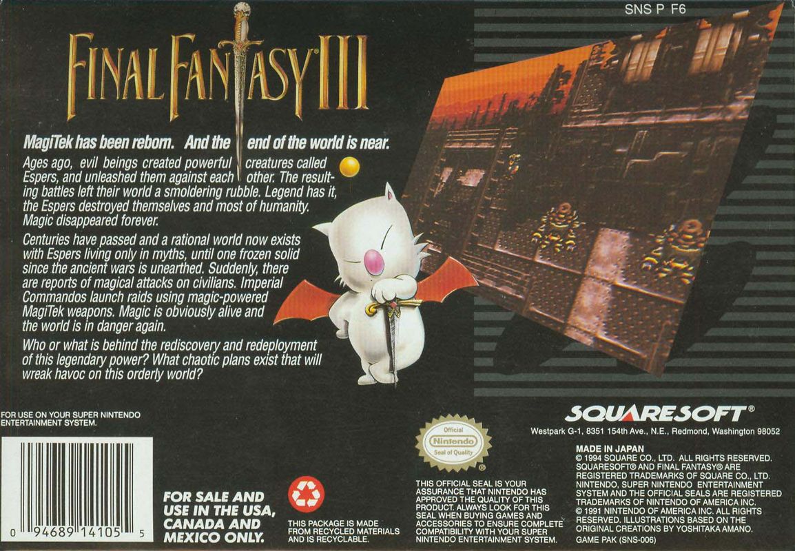 Back Cover for Final Fantasy III (SNES)