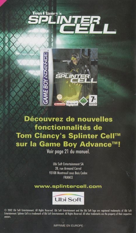 Manual for Tom Clancy's Splinter Cell (GameCube): Back