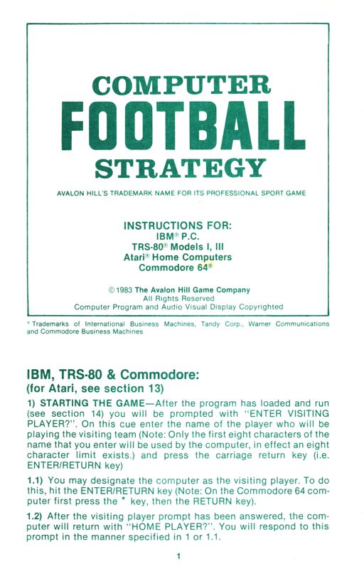Manual for Computer Football Strategy (Atari 8-bit) (Diskette release): Front