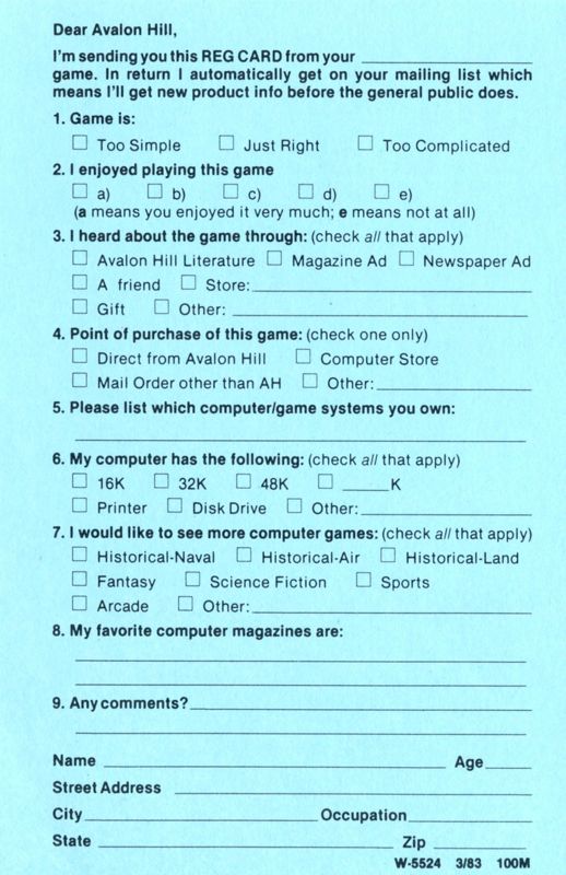 Extras for Computer Football Strategy (Atari 8-bit) (Diskette release): Registration Card - Back