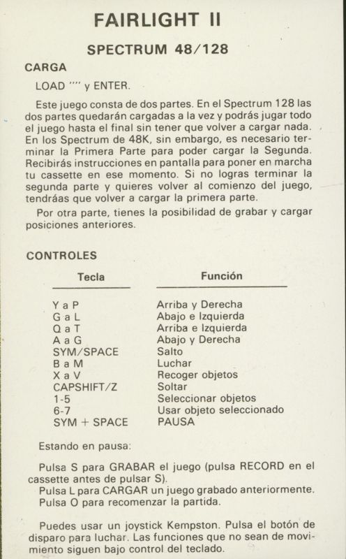 Inside Cover for Fairlight II (ZX Spectrum)