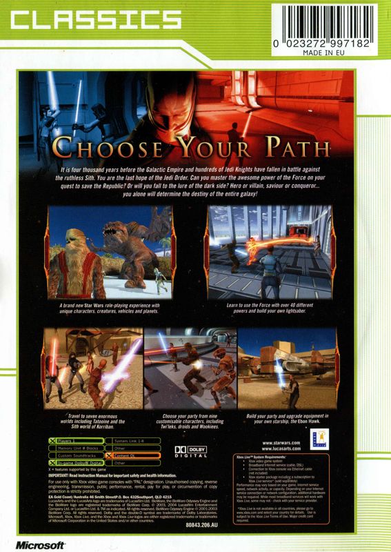 Back Cover for Star Wars: Knights of the Old Republic (Xbox) (Classics release)