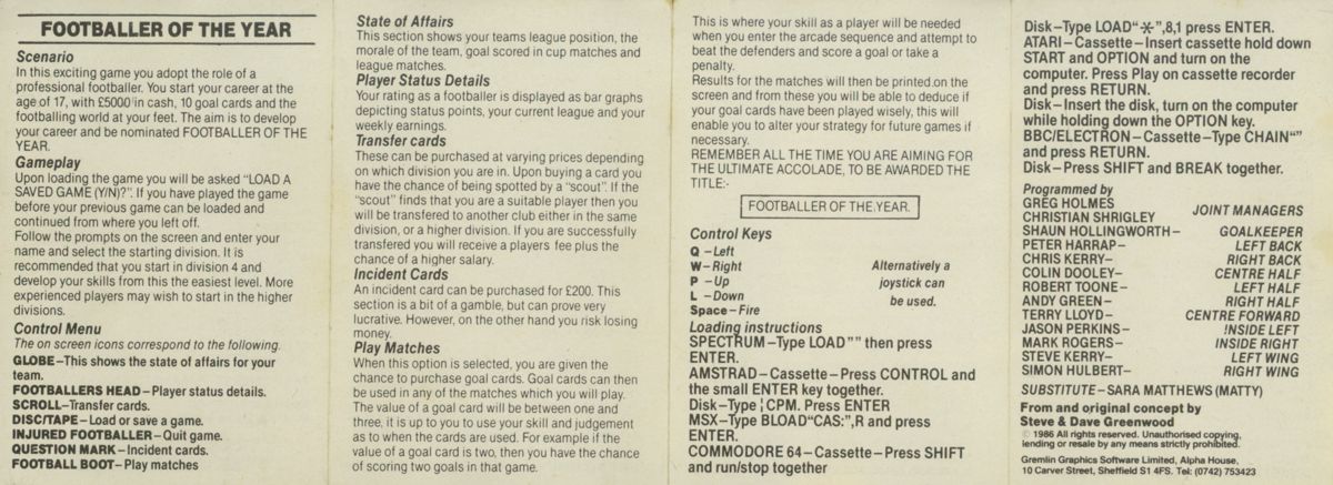 Inside Cover for Footballer of the Year (ZX Spectrum)