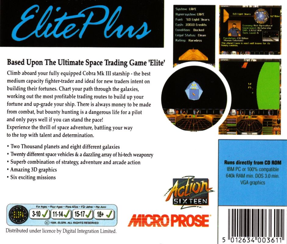 Back Cover for Elite Plus (DOS) (Action Sixteen release)