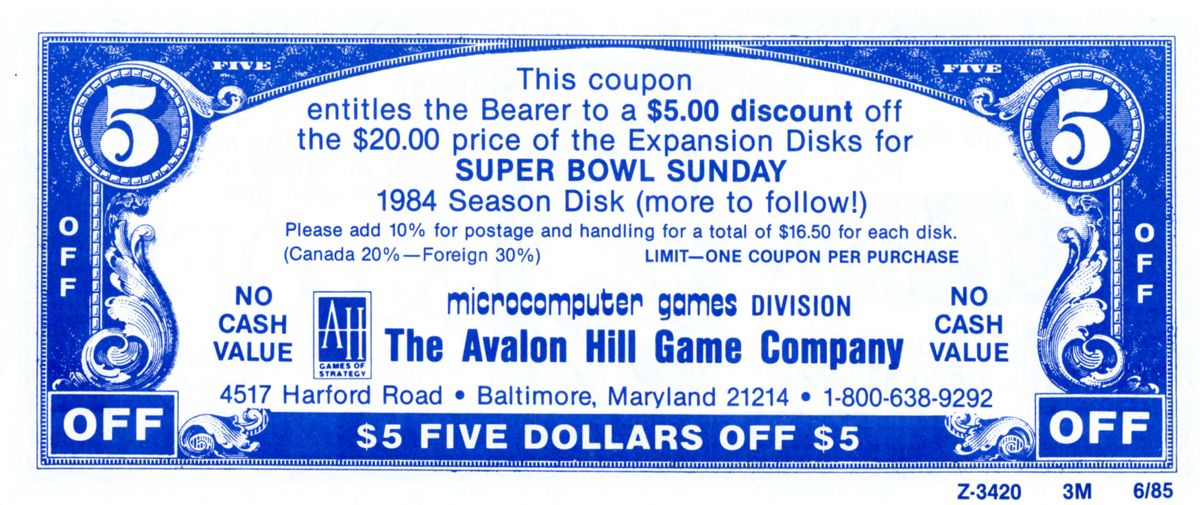 Extras for Super Bowl Sunday (Commodore 64): Ad Coupon - Back