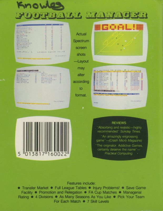 Back Cover for Football Manager (ZX Spectrum)