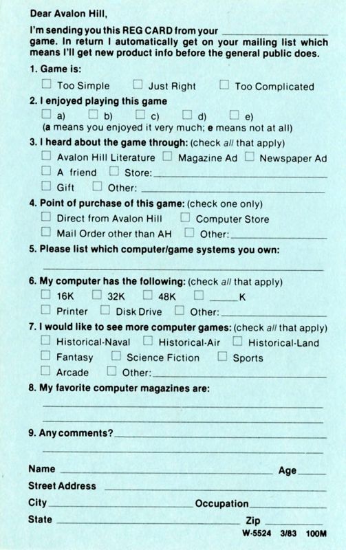 Extras for Super Bowl Sunday (Commodore 64): Registration Card - Back