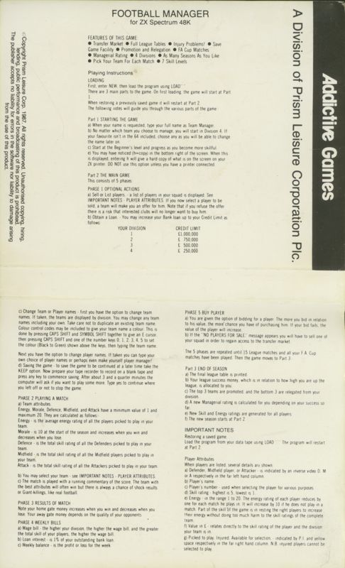 Inside Cover for Football Manager (ZX Spectrum)