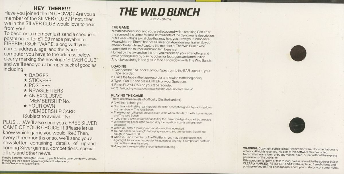 Inside Cover for The Wild Bunch (ZX Spectrum)