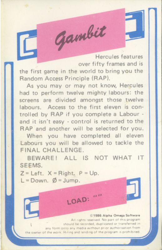 Inside Cover for Hercules (ZX Spectrum)