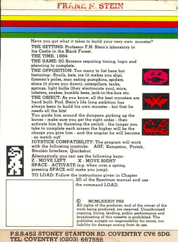 Back Cover for Frank N Stein (ZX Spectrum)