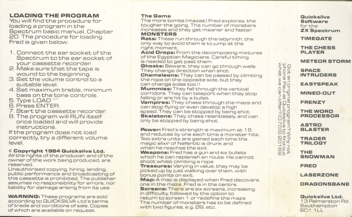 Inside Cover for Frenzy (ZX Spectrum)