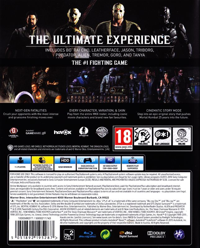Back Cover for Mortal Kombat XL (PlayStation 4)