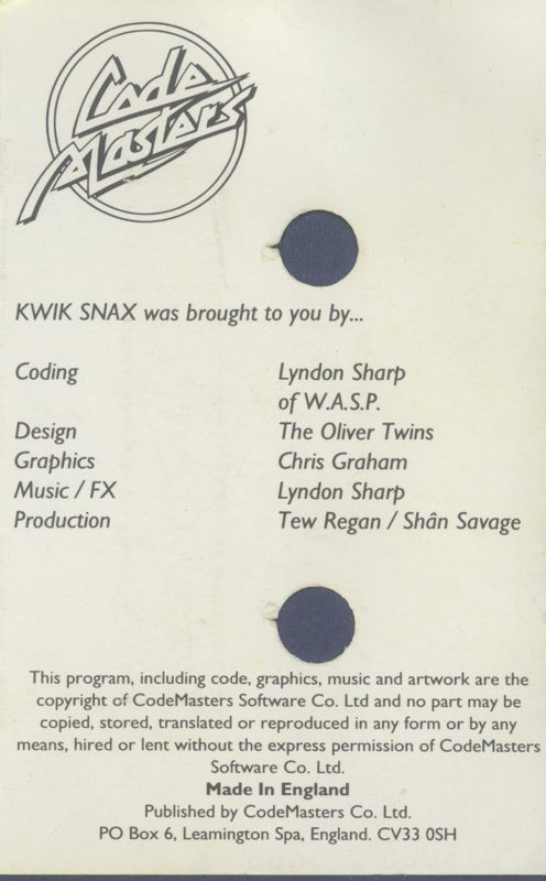 Inside Cover for Kwik Snax (ZX Spectrum)