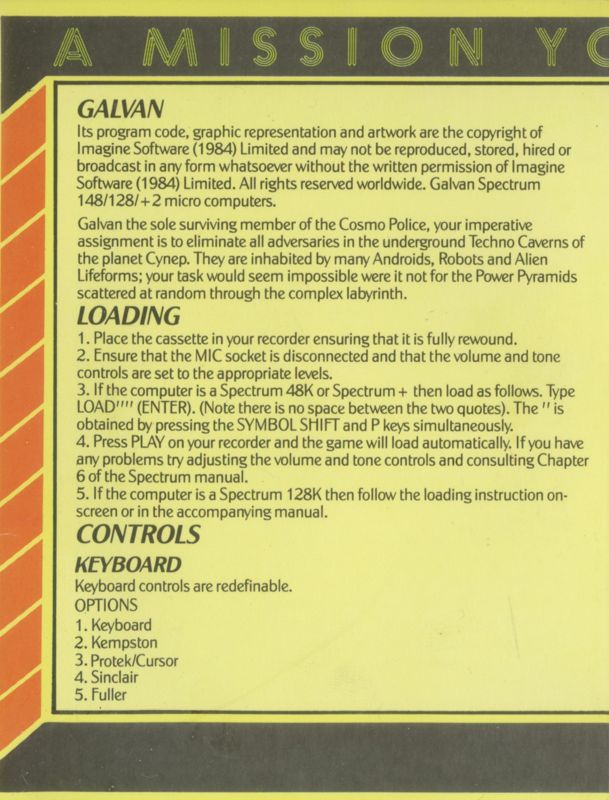 Inside Cover for Galivan (ZX Spectrum)