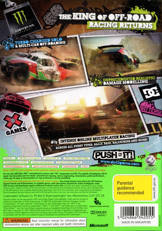Back Cover for DiRT 2 (Xbox 360)