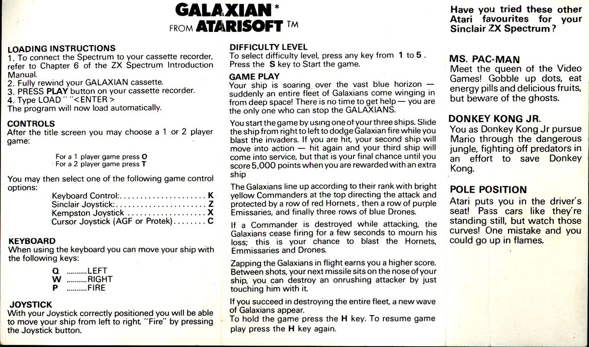 Inside Cover for Galaxian (ZX Spectrum)