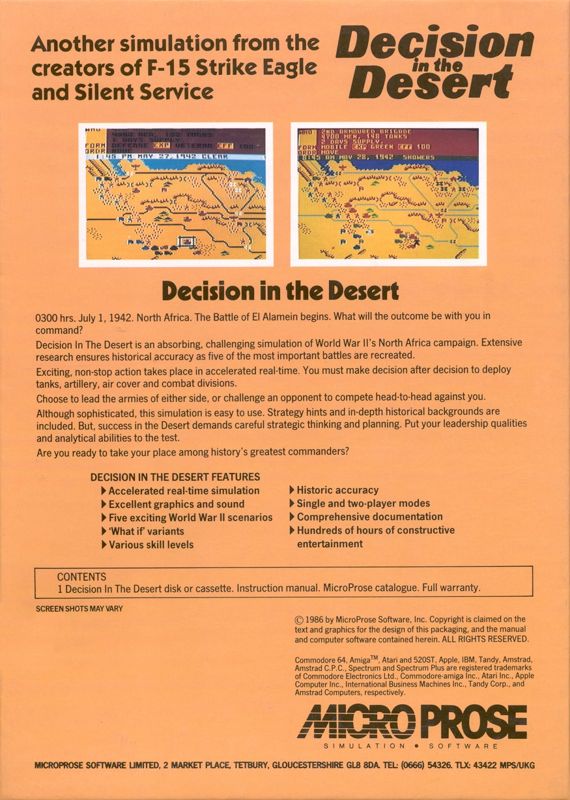Back Cover for Decision in the Desert (PC Booter)