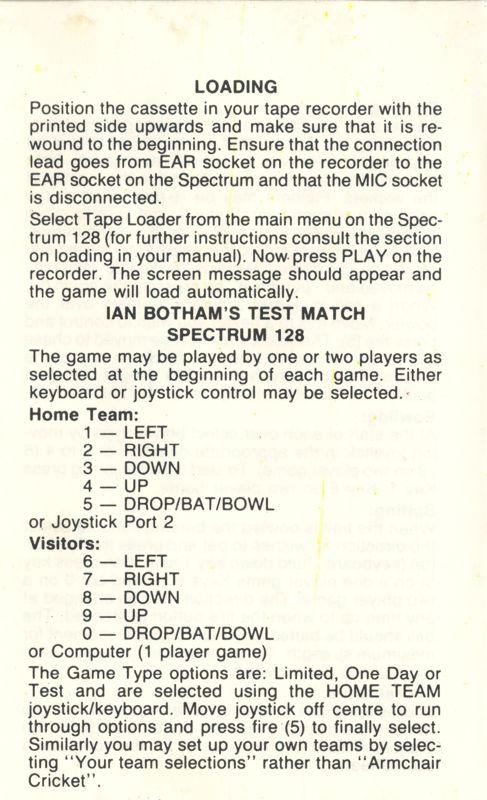 Inside Cover for Ian Botham's Test Match (ZX Spectrum)