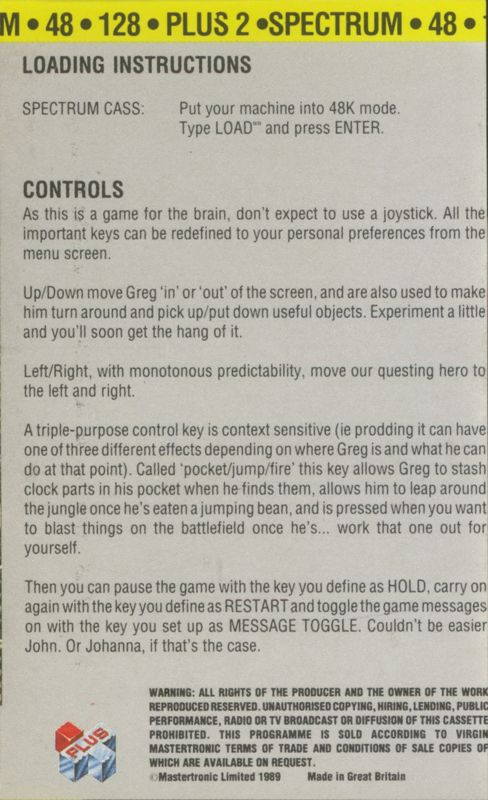 Inside Cover for Gregory Loses His Clock (ZX Spectrum)